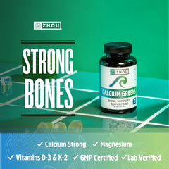 Zhou Calcium Greens tablets close-up highlighting bone-supporting plant minerals.