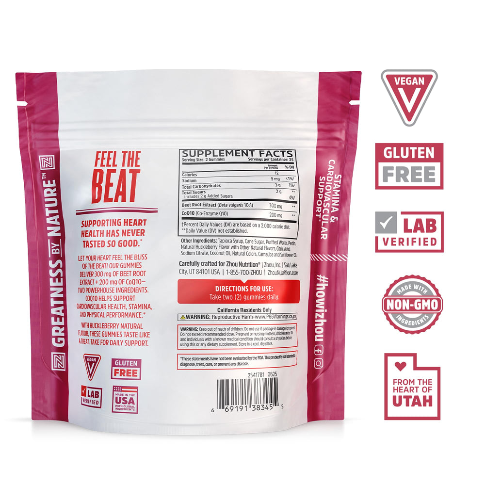 ZHOU CoQBeet gummies showing 200 mg CoQ10 per serving for heart health and antioxidants.