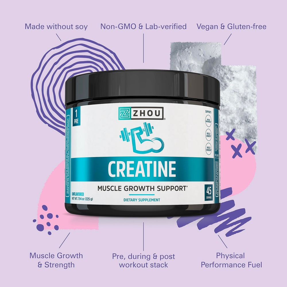 Zhou Creatine powder mixes easily with water or juice for on-the-go fueling.