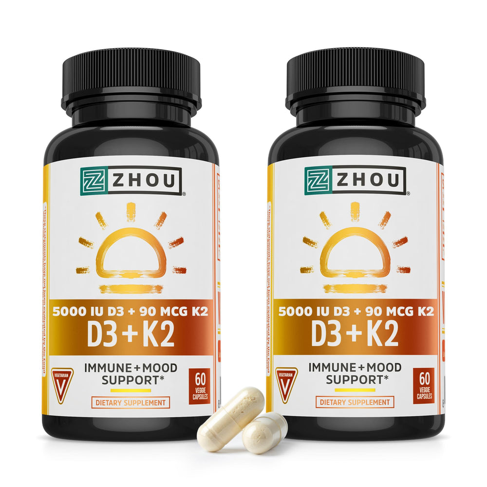 ZHOU D3+K2 bottle front with vegan capsules for bone and immune support