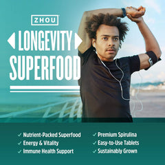 Zhou Spirulina packaging on kitchen counter for easy daily greens