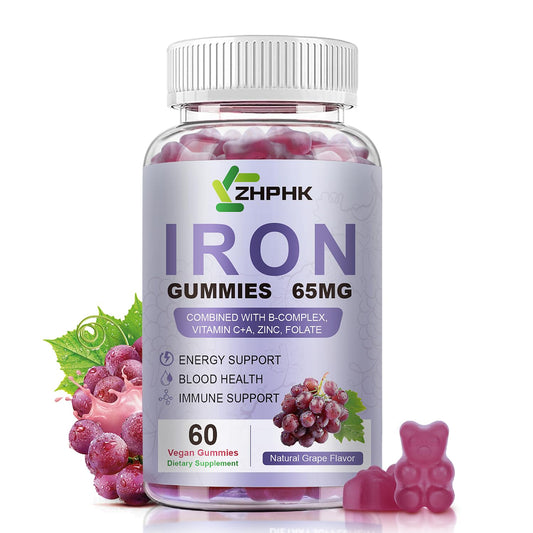 ZHPHK iron gummies grape bottle front for easy daily iron support.