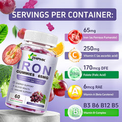 ZHPHK iron gummies grape label close-up showing vitamin C and folate information.