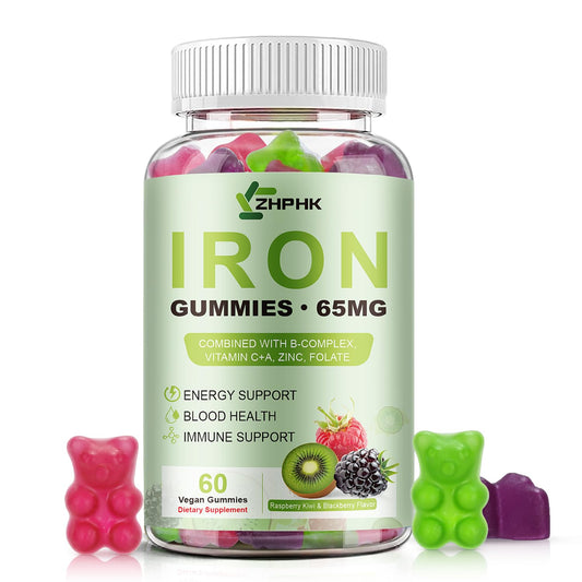 ZHPHK Iron Gummies bottle labeled mixed berry flavor for daily energy support