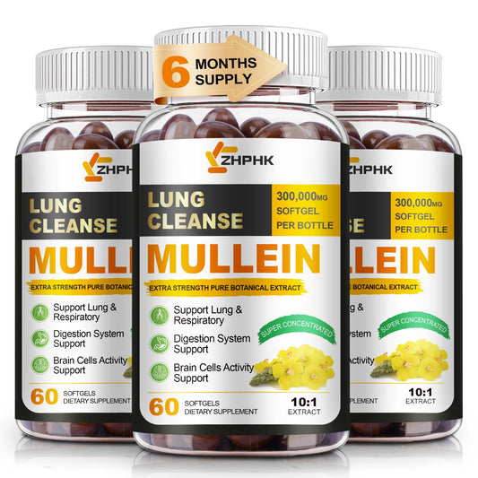 ZHPHK Mullein leaf extract bottle shows a 180-day lung support supply.