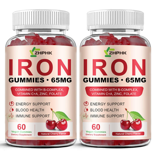 ZHPHK Iron Gummies bottle shows cherry flavor for daily energy support