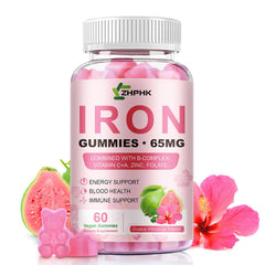 ZHPHK Iron Gummies jar front shows guava hibiscus flavor for daily energy support