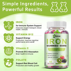 Nutrition panel for ZHPHK iron gummies detailing vitamin C and folate