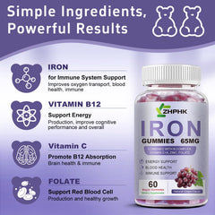 ZHPHK vegan iron gummies bottle label featuring folic acid and vitamin C.