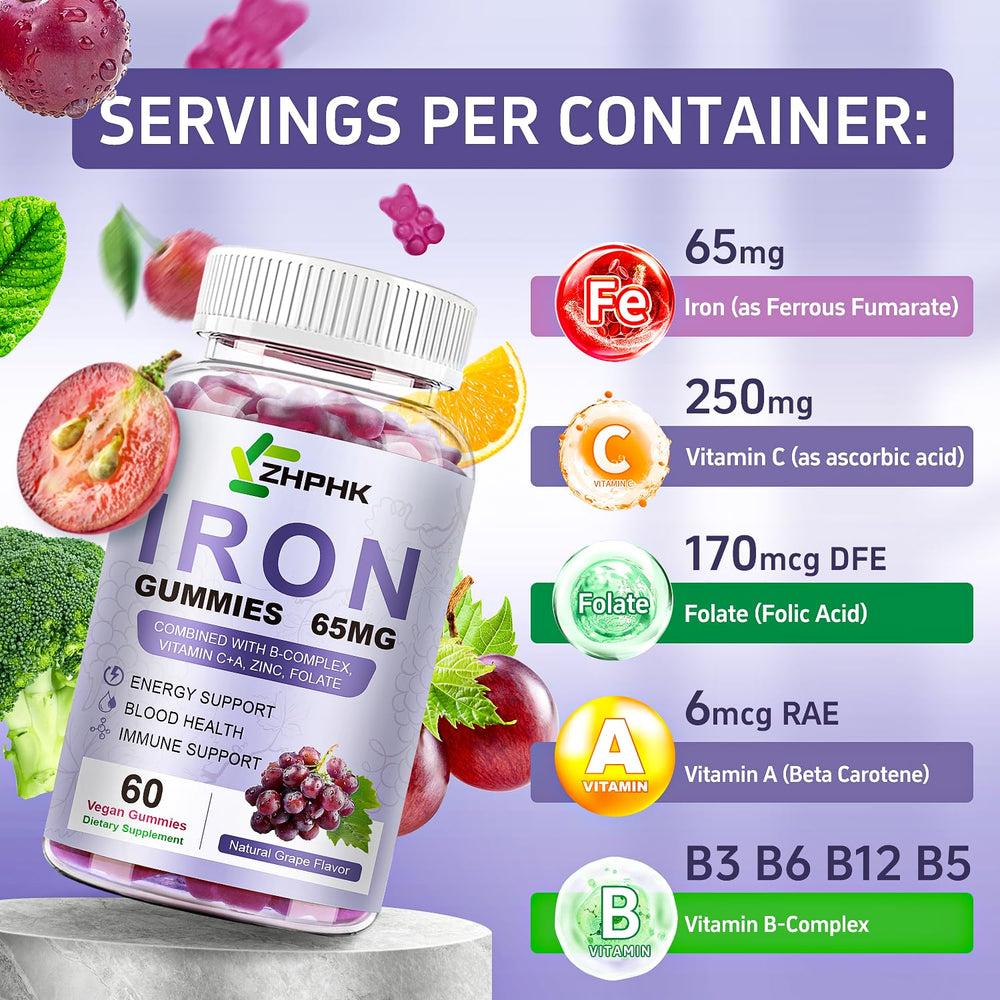 ZHPHK vegan iron gummies serving illustration, 65 mg iron per serving.