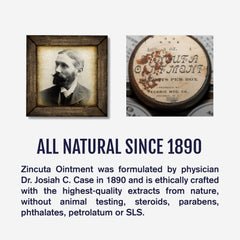 Zincuta Healing Ointment tin back with non-steroidal formulation note.
