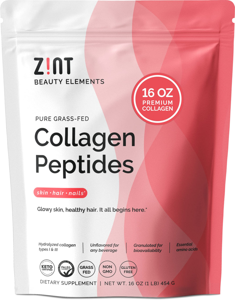 Zint collagen powder bottle close-up highlighting granulated hydrolyzed collagen for absorption