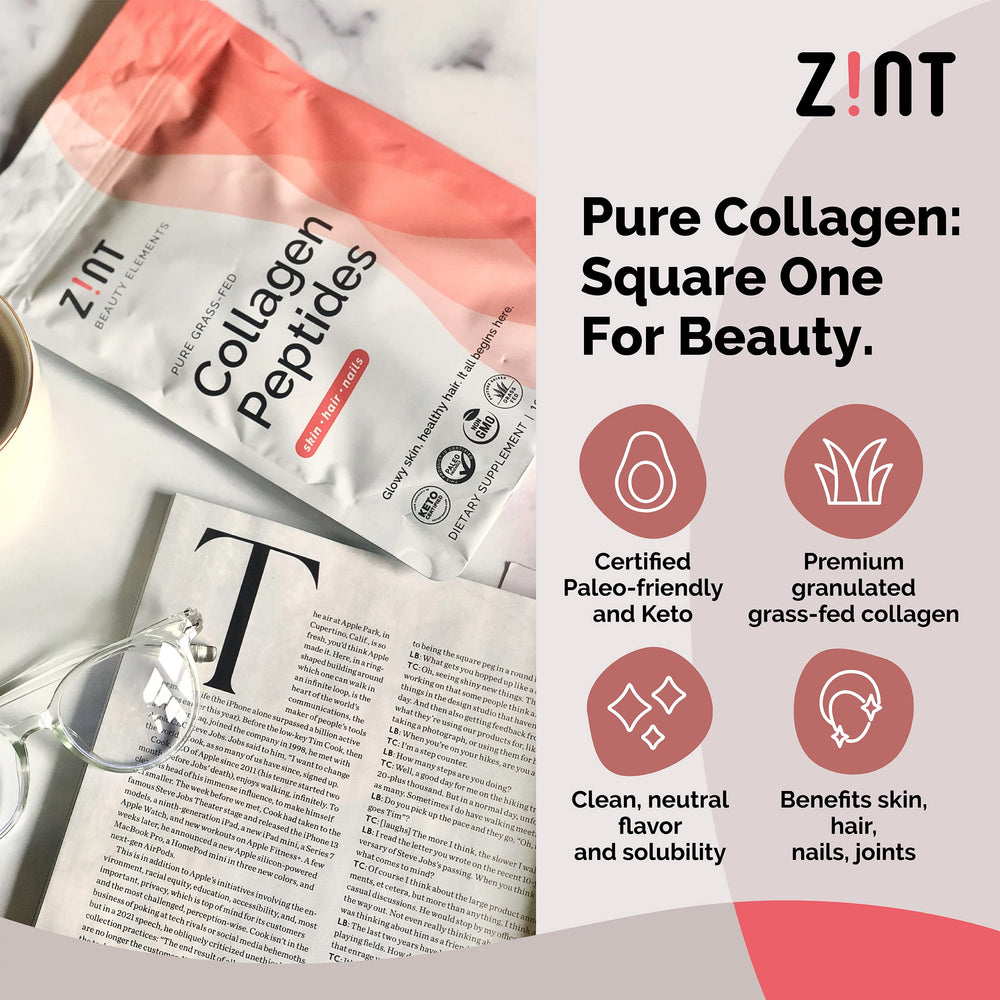 Zint Collagen powder scoop with granulated texture ideal for mixing.