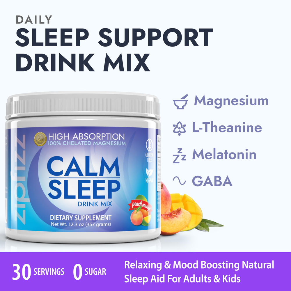 Zipfizz Nightly Calm scoop beside a glass ready for easy nightly relaxation.