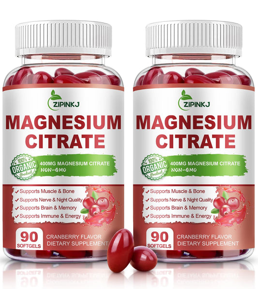 ZIPINKJ magnesium citrate softgels bottle showcases easy nightly support.