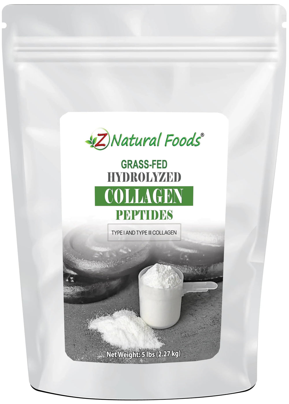 Z Natural Foods collagen peptides jar with Type I & III formula for healthy skin and joints.