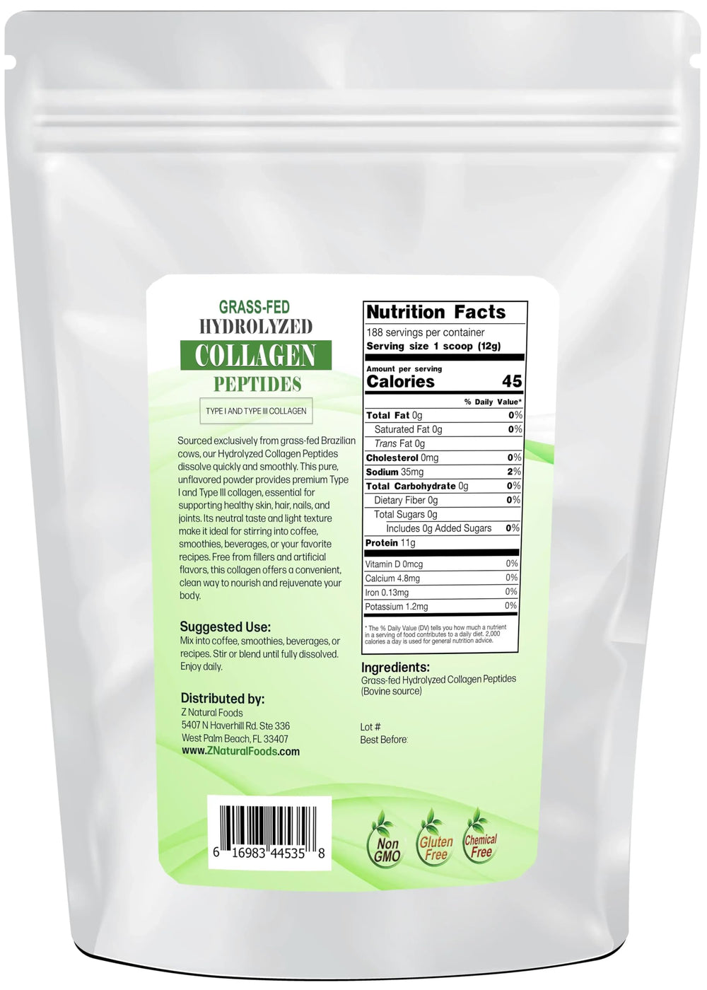 Z Natural Foods collagen powder bottle being poured for keto-friendly daily wellness.