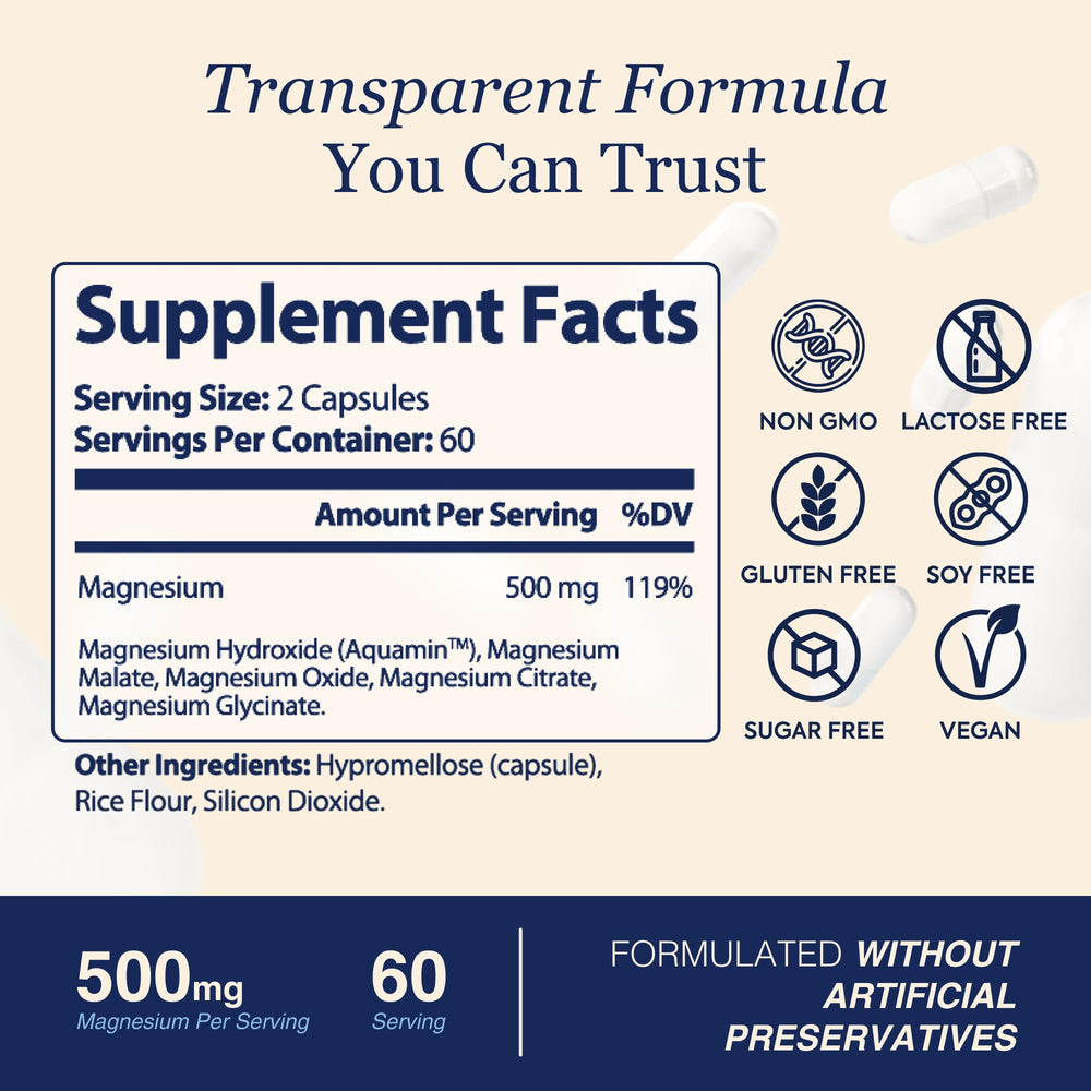 ZnS Health vegan and non-GMO stamp on magnesium supplement packaging.