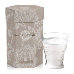 Zodax Grand Casablanca glass jar candle in White Hibiscus offering long-lasting ambiance.