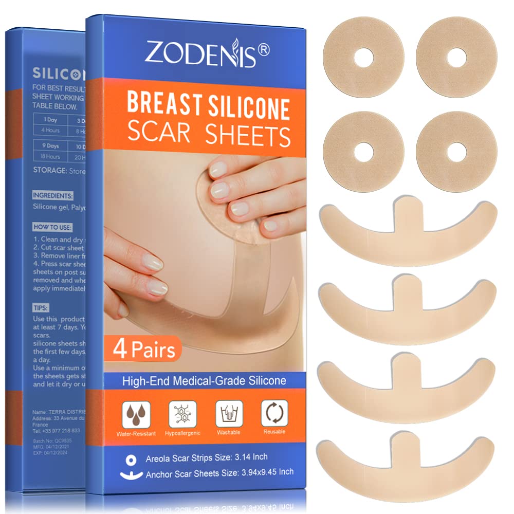 ZODENIS silicone breast scar sheets featuring areola strips for discreet coverage.