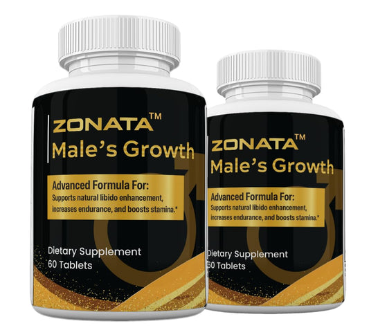 Zonata Males strength supplements bottle showing daily energy support for men.