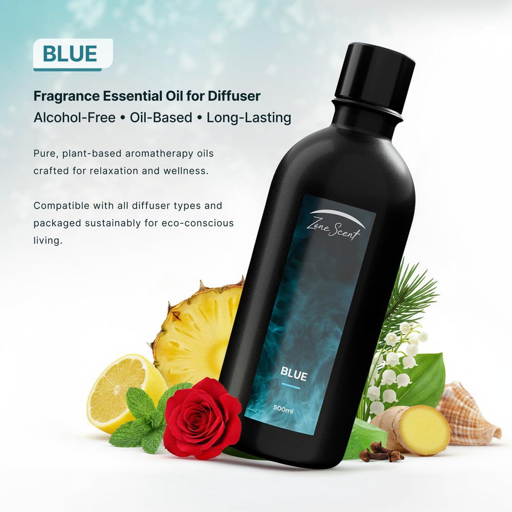Zone Scent Blue Luxury oil bottle pour—easy aroma release for diffusion.