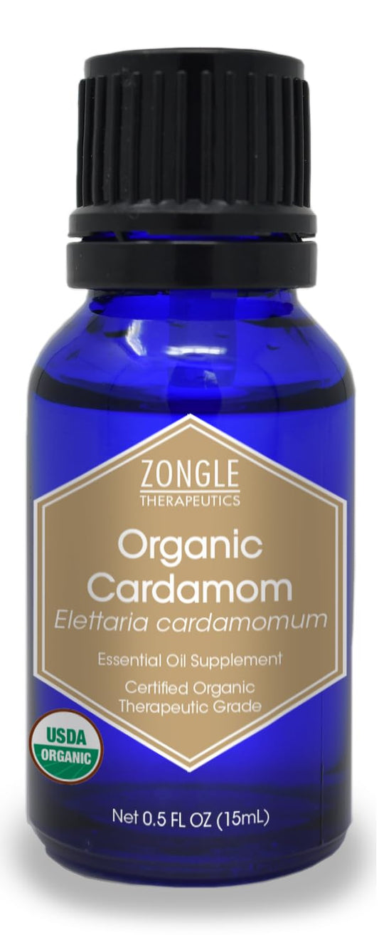 Zongle Therapeutics cardamom oil bottle ready for culinary use and aroma.