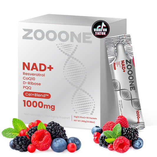 Zooone NAD+ bottle on table shows premium anti-aging support in daily routines.