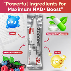 Close-up of Zooone NAD+ label highlights NR and resveratrol ingredients.
