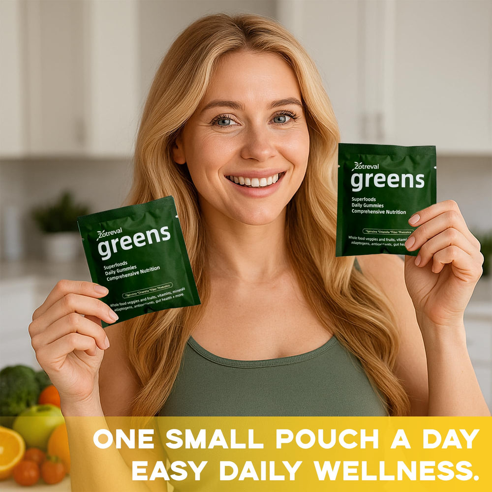 Pouring Zotreval Daily Greens gummies from the bottle for easy serving.