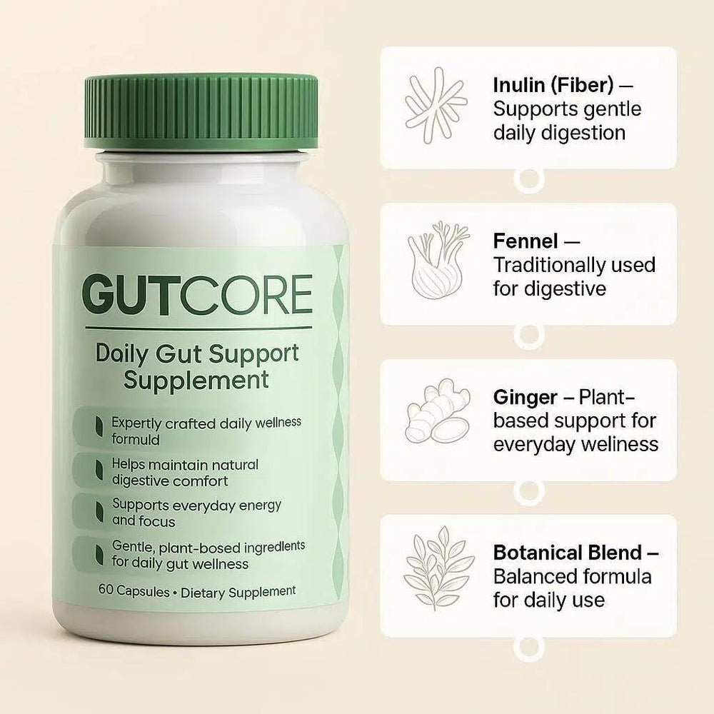 Front label of Zotreval GutCore bottle emphasizing balanced fiber blend.