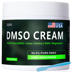 ZOXY DMSO Cream jar showing fast-absorbing, non-greasy formula after use