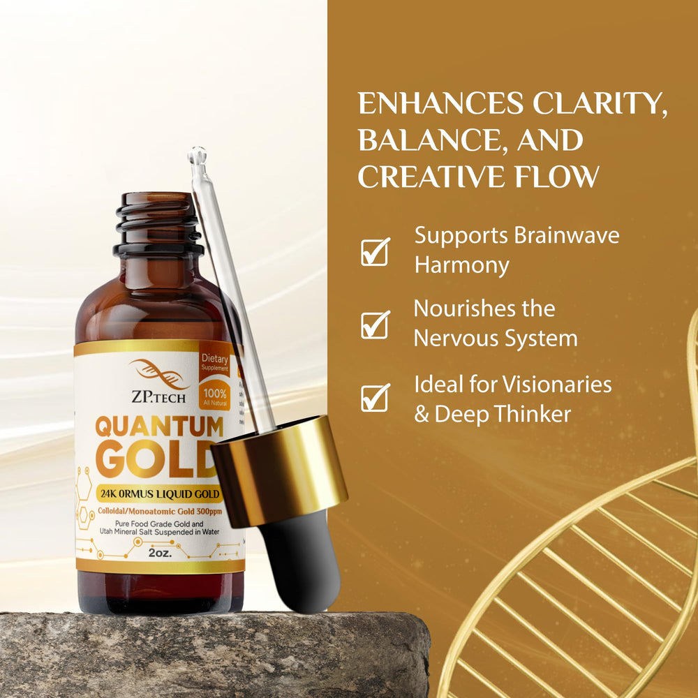 ZP.TECH Quantum Gold Ormus bottle close-up highlights nano-particle technology and purity