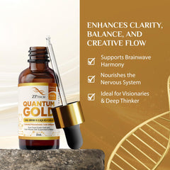 ZP.TECH Quantum Gold Ormus bottle close-up highlights nano-particle technology and purity