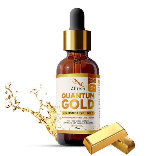 ZP.TECH Quantum Gold Ormus bottle showing pure 24K gold for mental clarity during routines