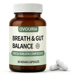 ZPX Ovouria Breath and Gut Balance bottle shows fresh breath support for daily use.