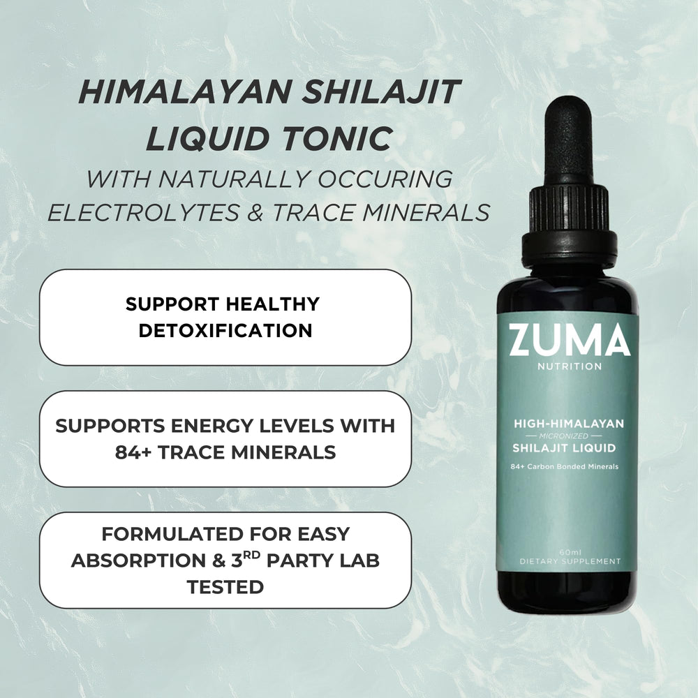 Himalayan minerals and fulvic compounds highlighted in Zuma Nutrition formula.
