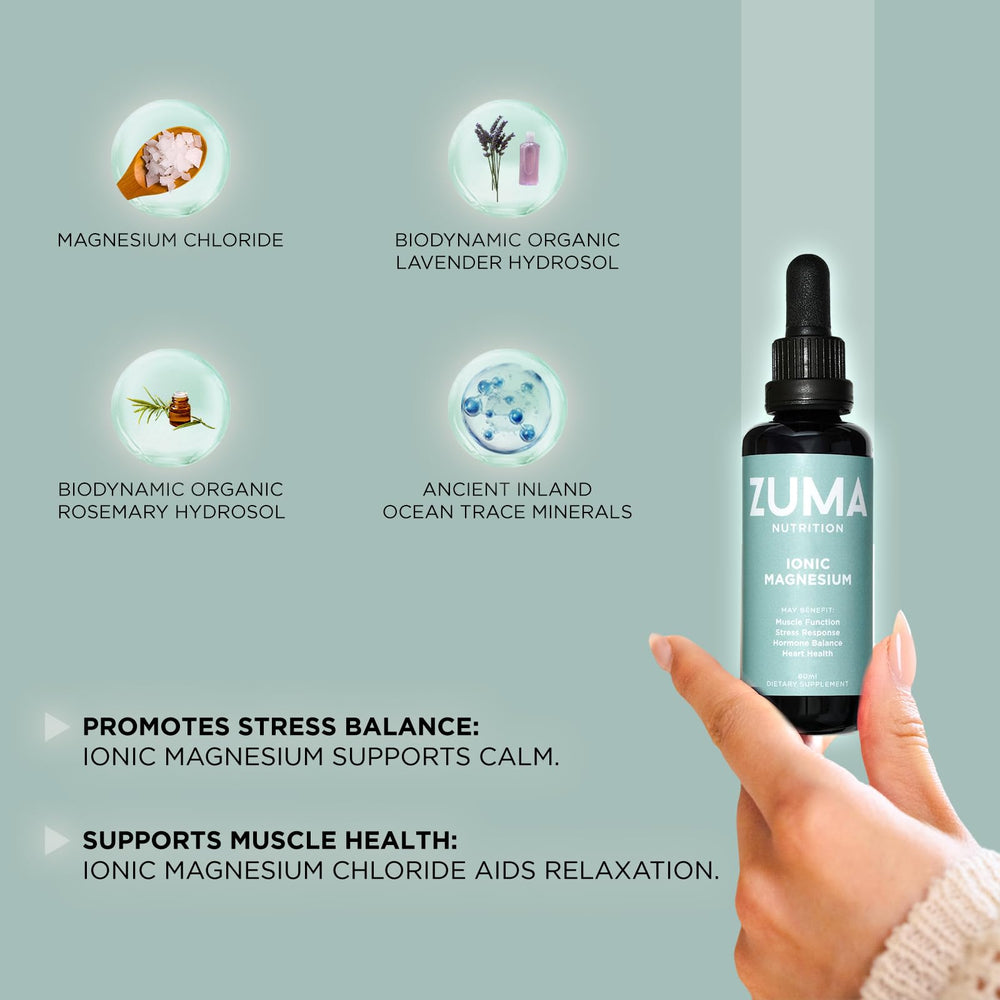Zuma Nutrition Ionic Magnesium Liquid Tonic label highlights clean, recyclable packaging and transparency.