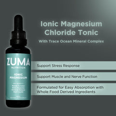 Zuma Nutrition Ionic Magnesium Liquid Tonic pour demonstrates smooth mixing in water for on the go.
