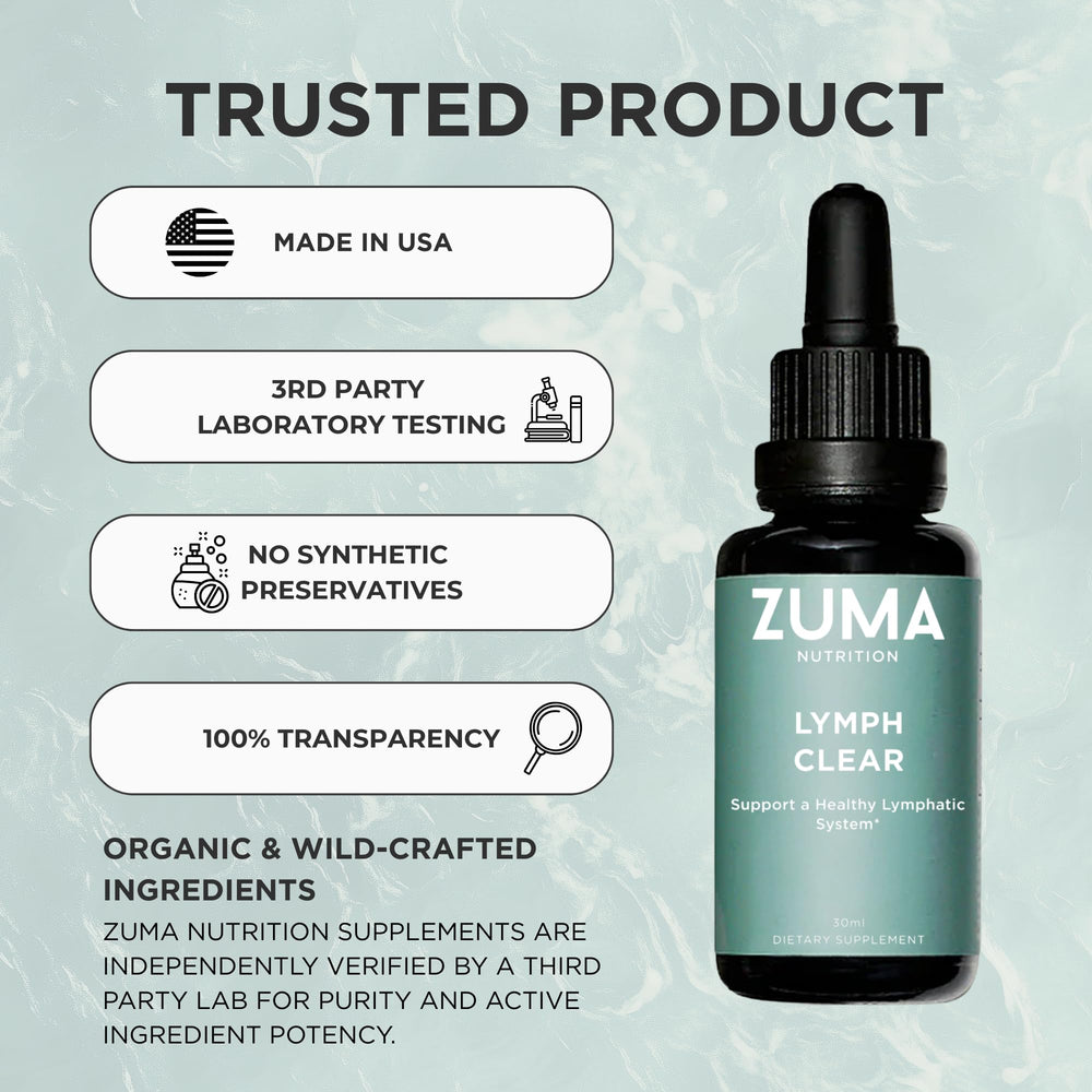 Close-up of Zuma Nutrition Lymphatic Tonic label highlighting vegan, non-GMO credentials