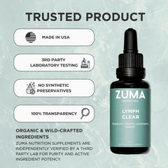Close-up of Zuma Nutrition Lymphatic Tonic label highlighting vegan, non-GMO credentials