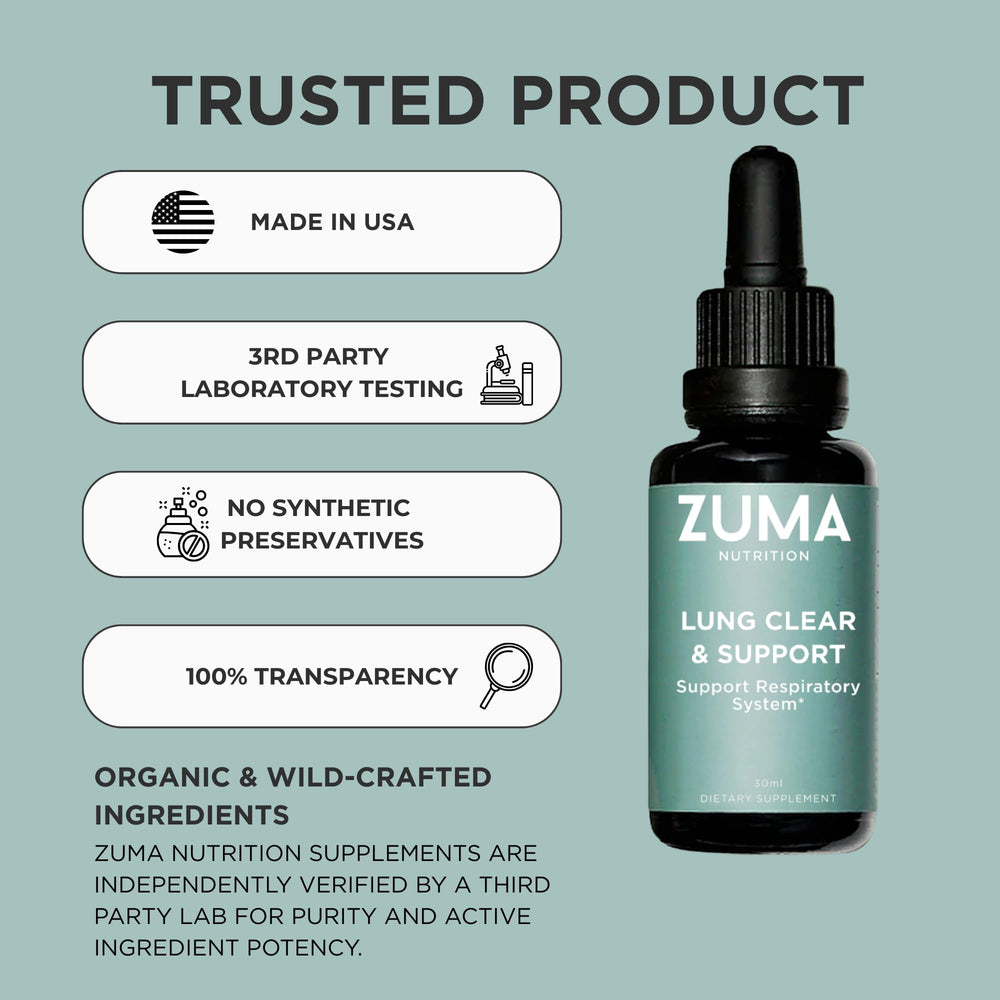 Vegan and non-GMO label on Zuma Lung Support Tonic.
