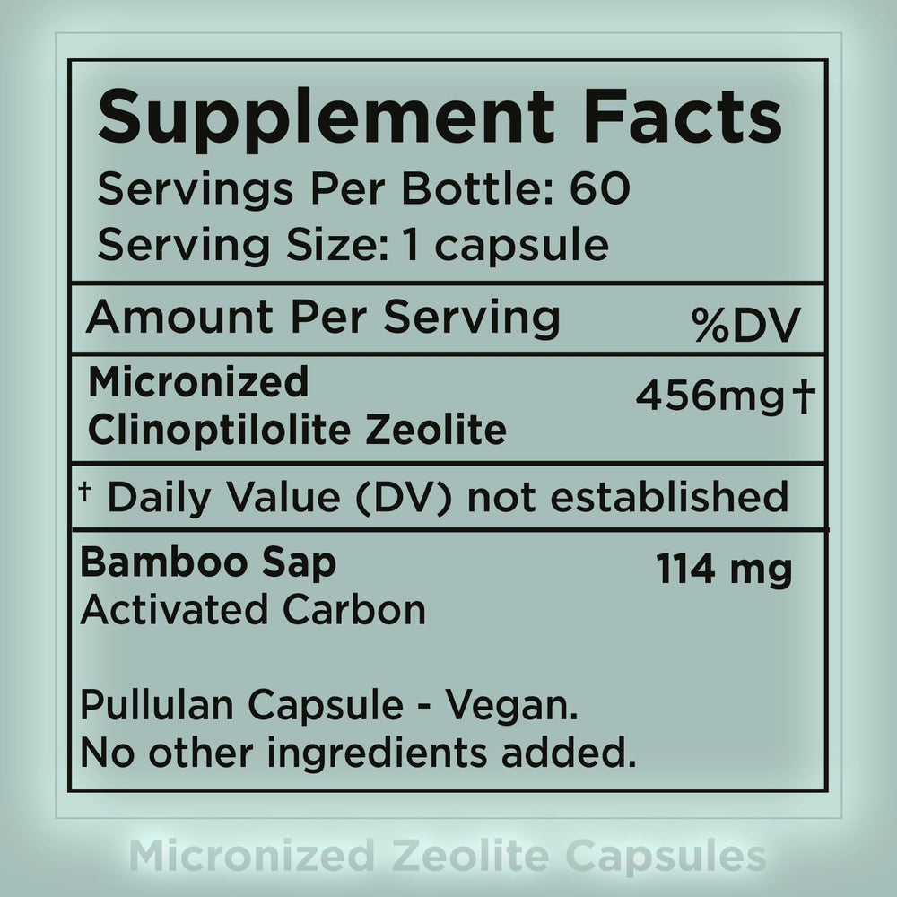 Close-up of Zuma Nutrition zeolite capsules showing a micronized mineral blend.