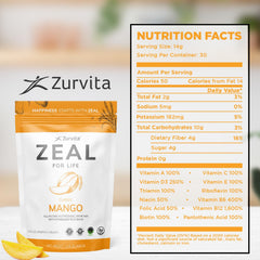 Zurvita Zeal for Life Mango mix poured into a glass for a quick energizing sip.