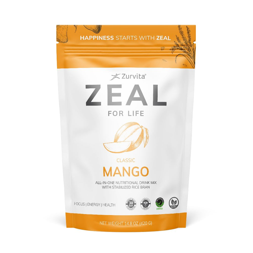 Zurvita Zeal for Life Mango powder canister showing vegan nutrition in a gluten-free formula.