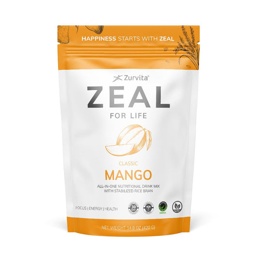 Zurvita Zeal for Life Mango powder canister showing vegan nutrition in a gluten-free formula.