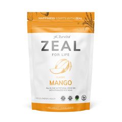 Zurvita Zeal for Life Mango powder canister showing vegan nutrition in a gluten-free formula.