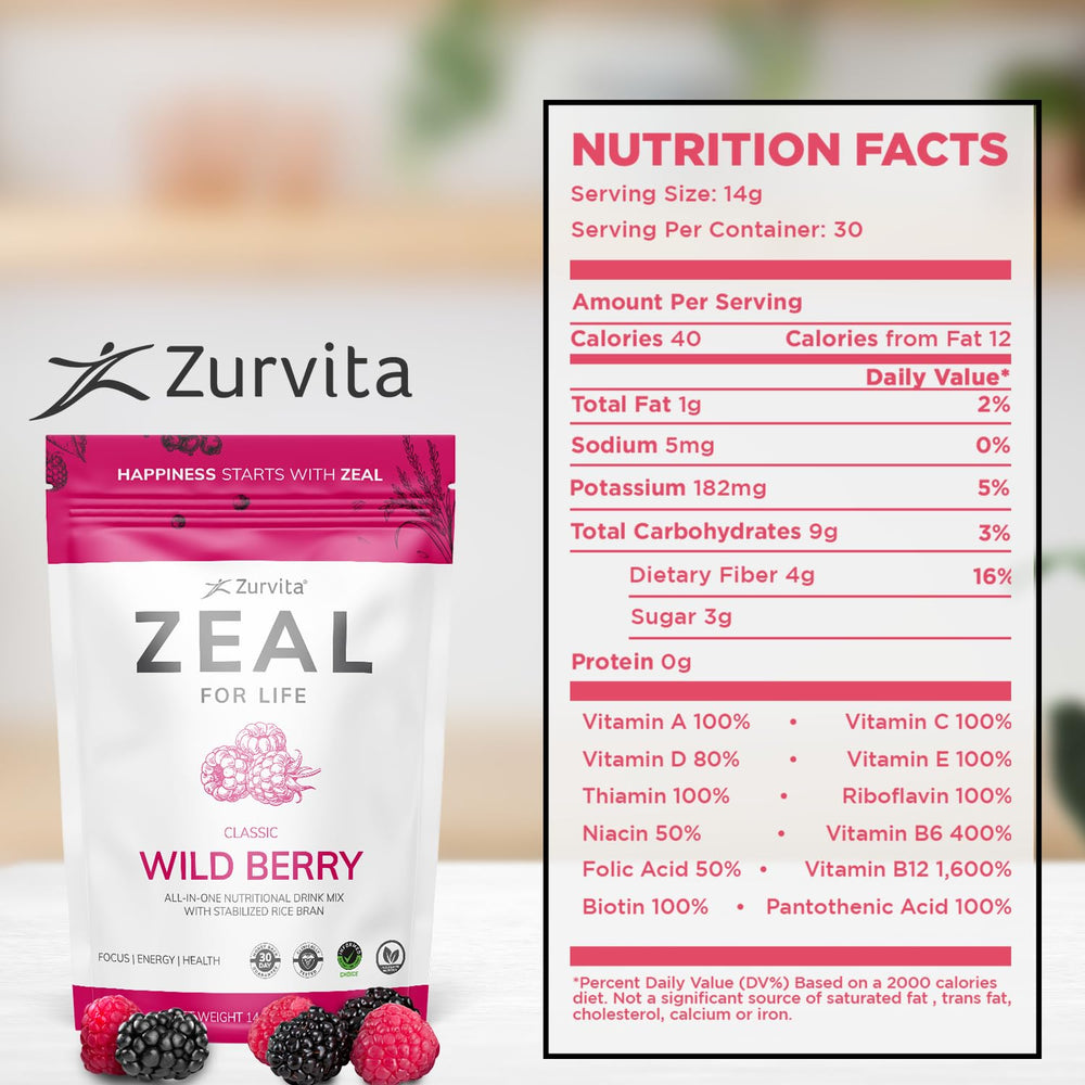 Zurvita Zeal for Life Wild Berry Classic bag back view with nutrition facts.