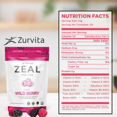 Zurvita Zeal for Life Wild Berry Classic bag back view with nutrition facts.