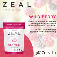 Close-up of Zurvita Zeal for Life Wild Berry Classic ingredients label.